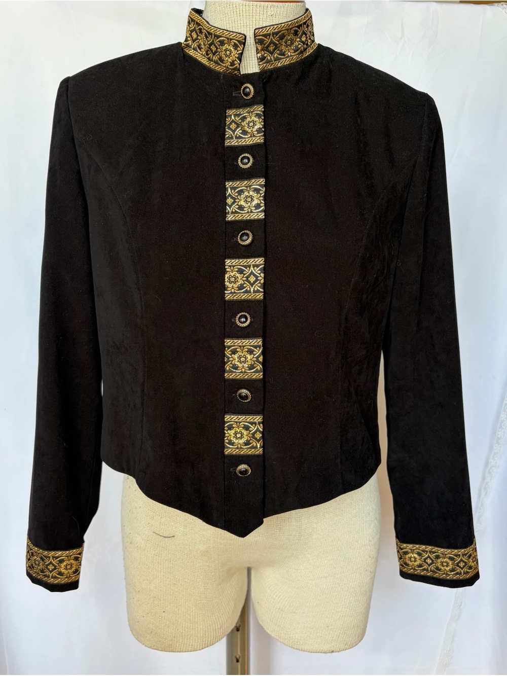 Black Embroidered Mandarin Collar Women's Jacket-Ultra Suede